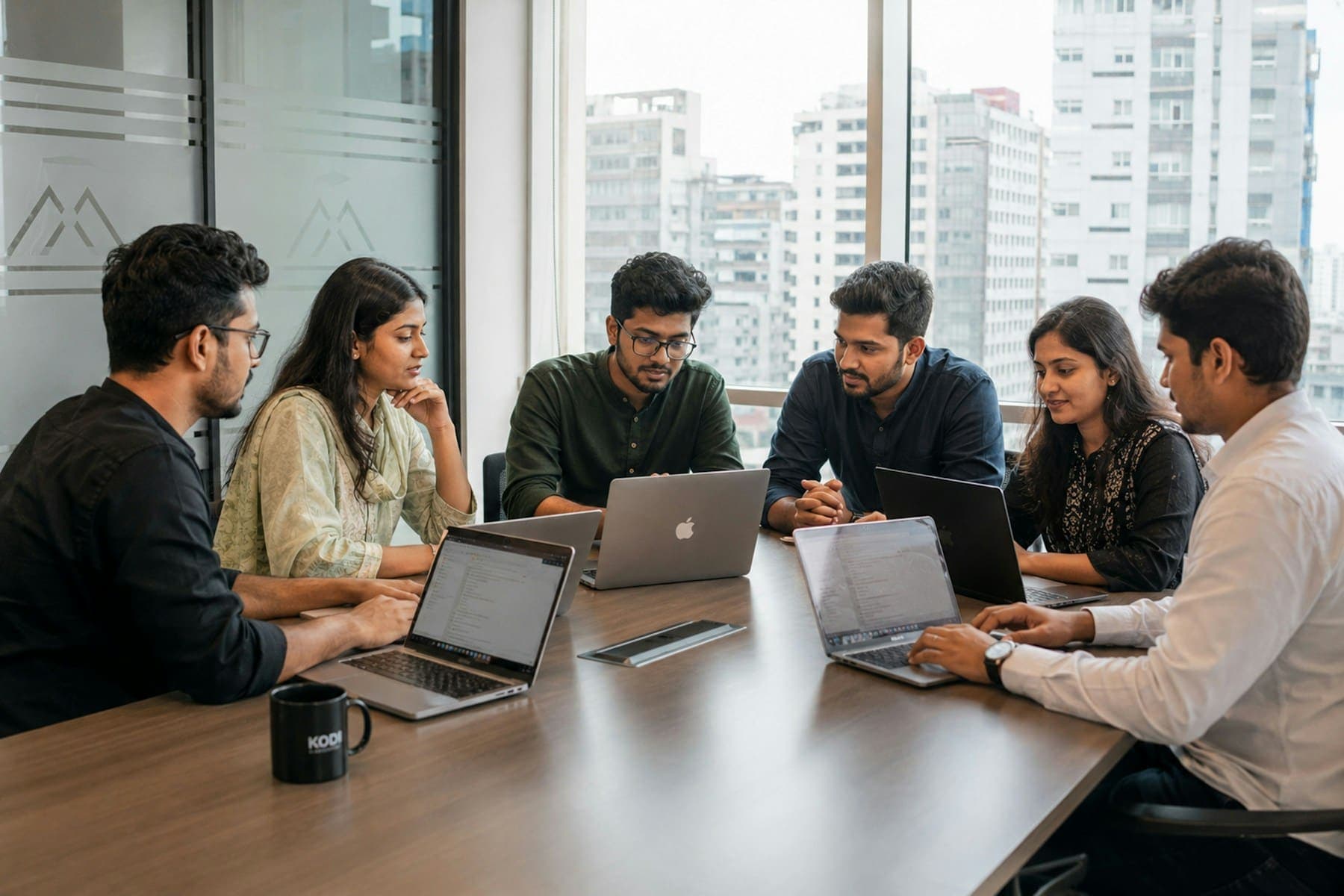 A software team collaborating around a conference table with laptops